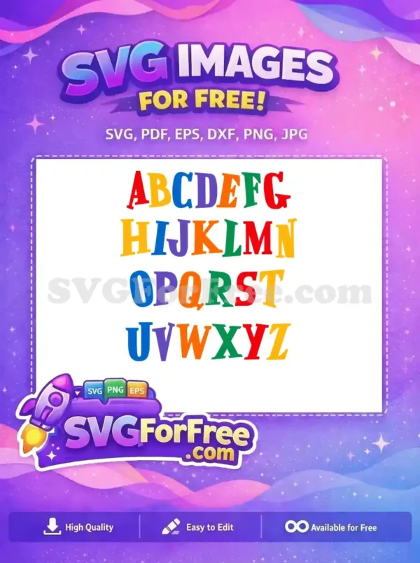 A vibrant, free alphabet SVG design featuring colorful uppercase letters A-Z, ideal for educational and craft projects.
