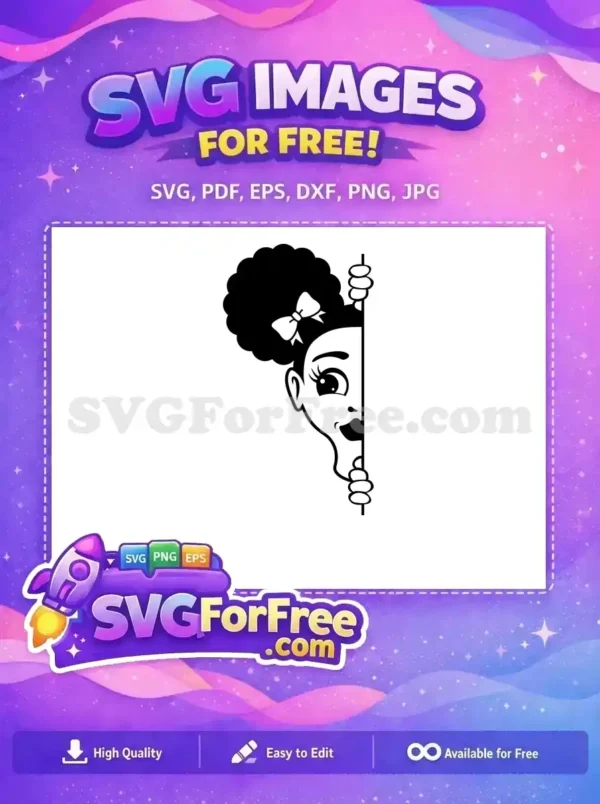 A free design SVG of a charming cartoon girl with voluminous curly hair and a bow, playfully peeking from the side.