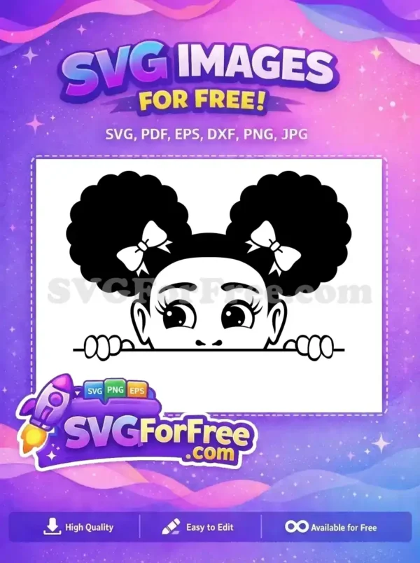 A delightful free design: cute girl with afro pigtails and white bows peeking. This free SVG is perfect for projects.