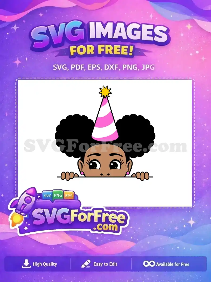 Free Peeking Birthday Girl SVG: A cute girl with afro puffs and a party hat peeking over a line. Enjoy this free design!