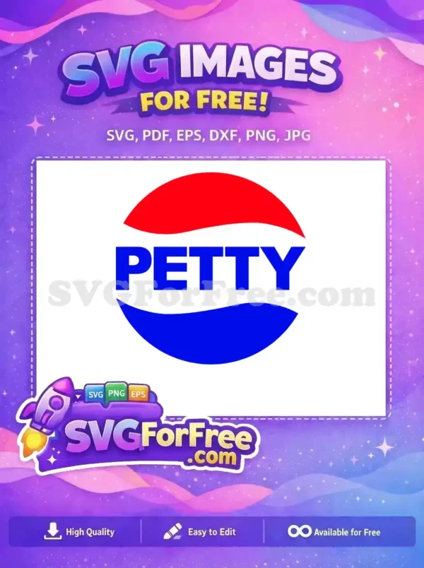 A free 'PETTY' logo design featuring bold blue text on a white stripe, flanked by red and blue arcs within a circle. This free vector is ideal for fans.