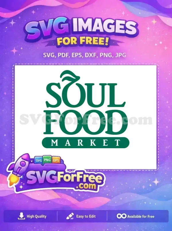 Free Soul Food Market logo SVG, featuring a stylized 'S' with leaves, bold text, and a green banner. Ideal for branding.