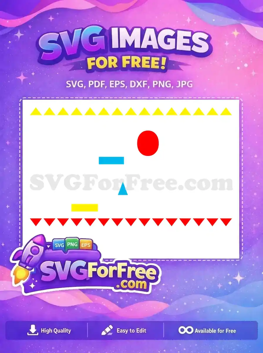 A free design featuring a playful arrangement of colorful geometric shapes including a red circle, blue rectangle, and triangles, framed by yellow and red free triangles, ideal for diverse projects.