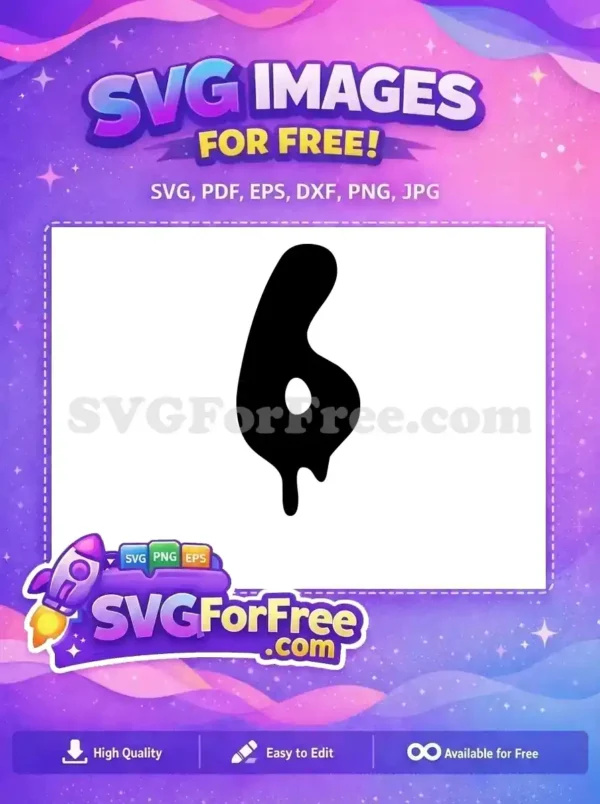 A free design of a stylized black melting number 6, featuring a distinctive dripping effect. Perfect for playful free projects.