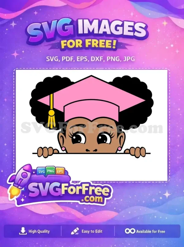 Free Graduation Girl Peeking SVG Design – Celebrate Success! Free graduation girl SVG featuring a cute character peeking, wearing a pink cap and yellow tassel. A charming free design for all your projects.
