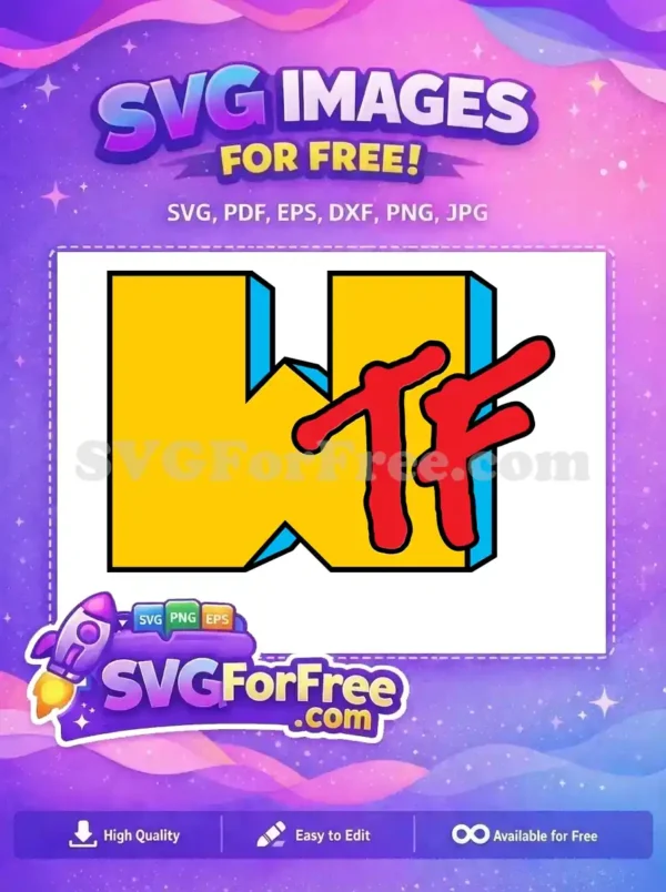 A free design featuring the bold, 3D text 'WTF' in vibrant yellow, red, and blue, outlined in black. Perfect free vector.