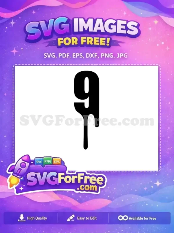 A free, bold black number 9 with a unique dripping effect, perfect for spooky or artistic designs and crafts.