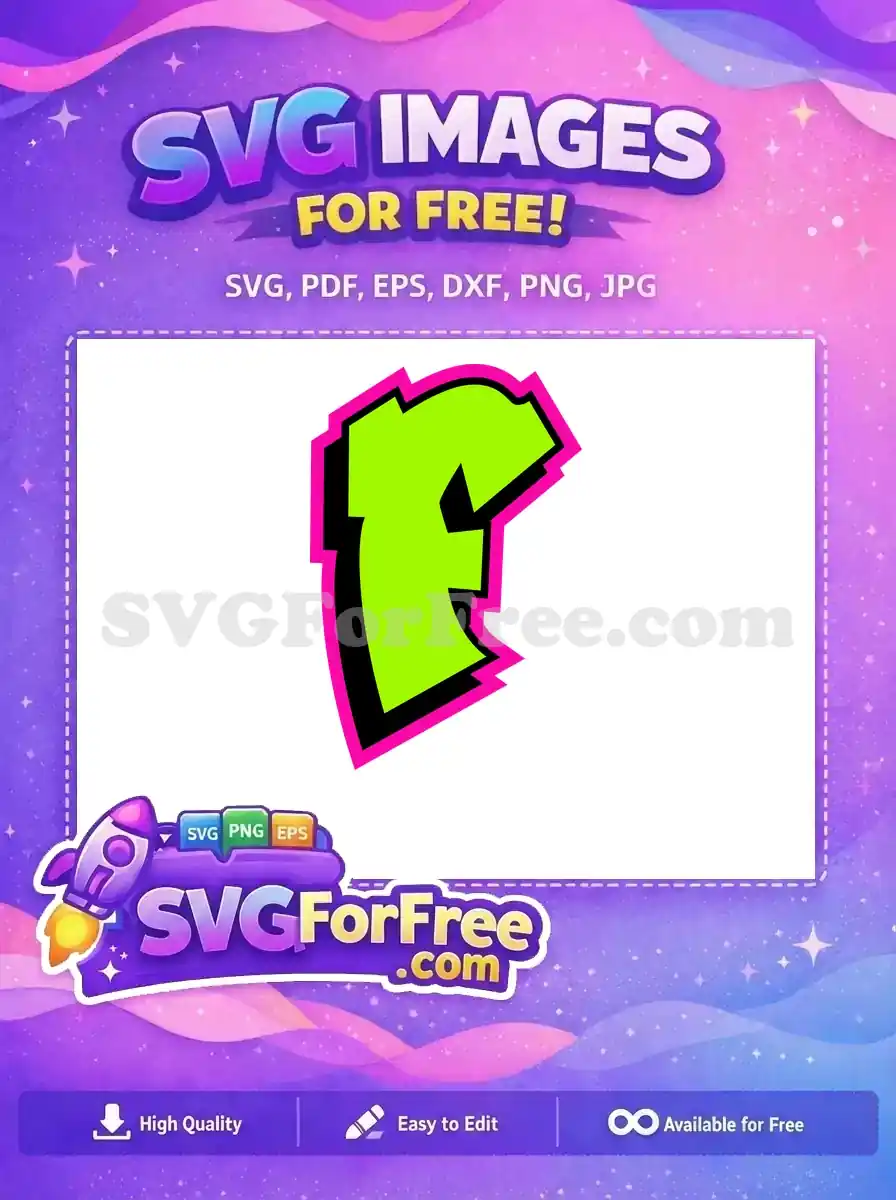 A vibrant neon green letter 'F' with a black drop shadow and hot pink outline, offered as a free design. This bold free SVG is perfect for modern projects.