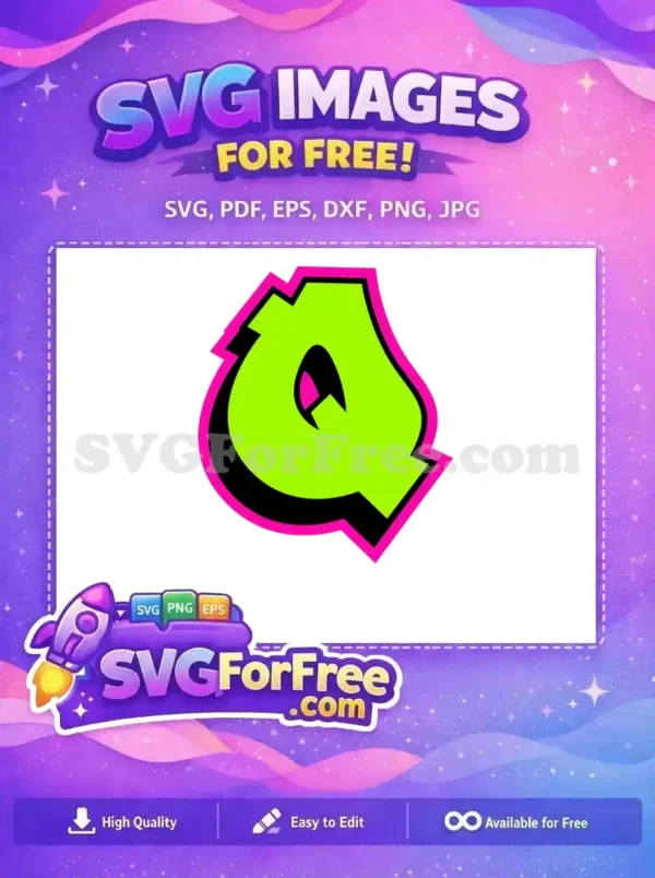 Free Graffiti Q Letter Design – Vibrant Urban Art SVG A free, bold, graffiti-style letter Q design in neon green, black, and hot pink, offering free vector art.