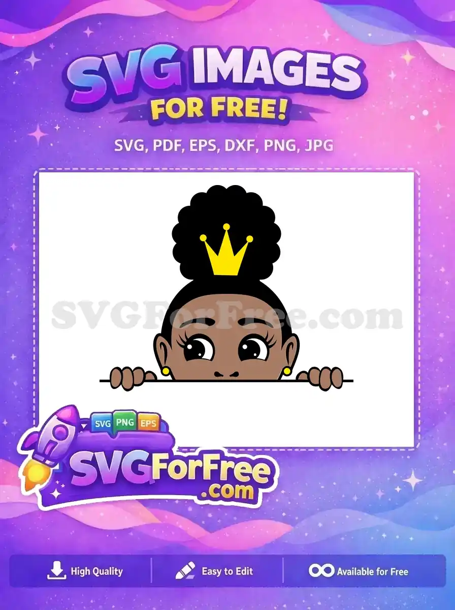 Free SVG of a cute African American girl with a crown and afro bun peeking over a line, ready for your craft projects.