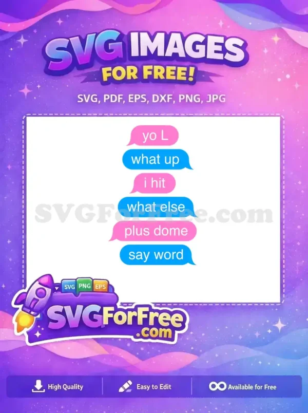 Free Chat Bubbles Design SVG – Dynamic Text Message Art A free design showcasing a stack of pink and blue chat bubbles with various text messages, ideal for free digital projects.