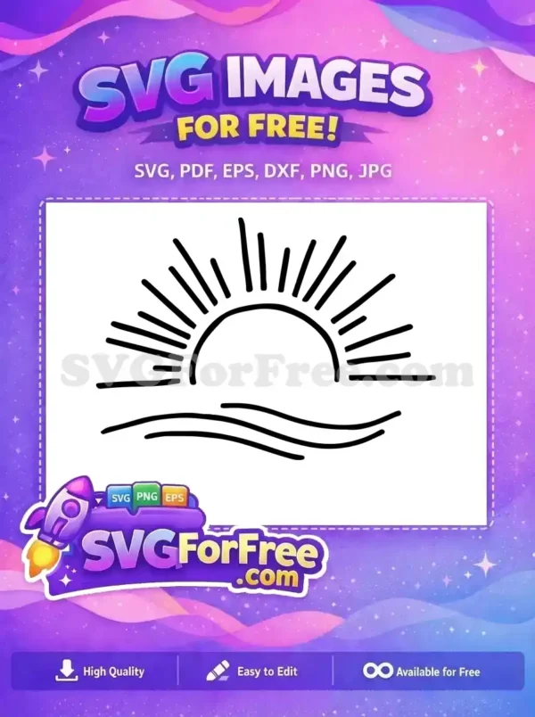 Free Hand-Drawn Sun and Sea SVG Design for Creative Projects This free design features a minimalist, hand-drawn sun rising over stylized waves, perfect for summer projects and crafts.