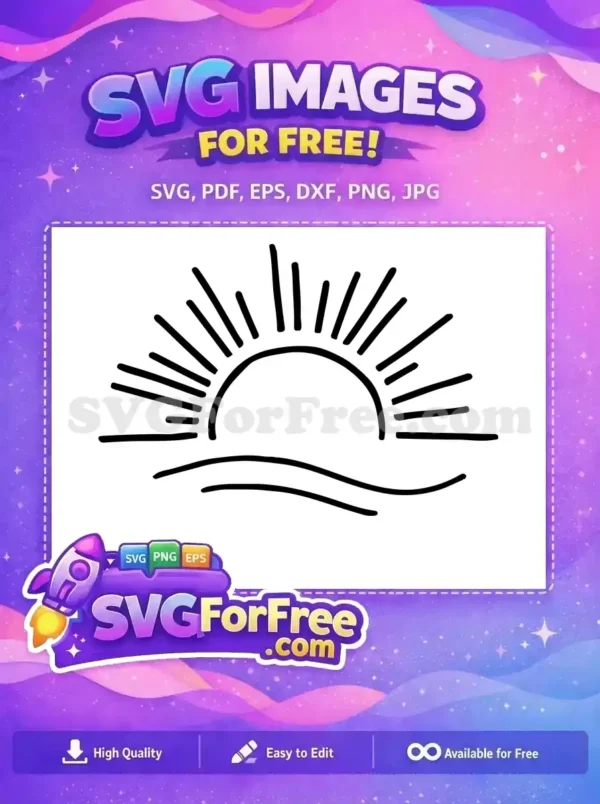 Free Sunrise Design SVG: Simple, Hand-Drawn Nature Graphic A free design featuring a minimalist, hand-drawn sunrise or sunset over two wavy lines, ideal for various creative projects.