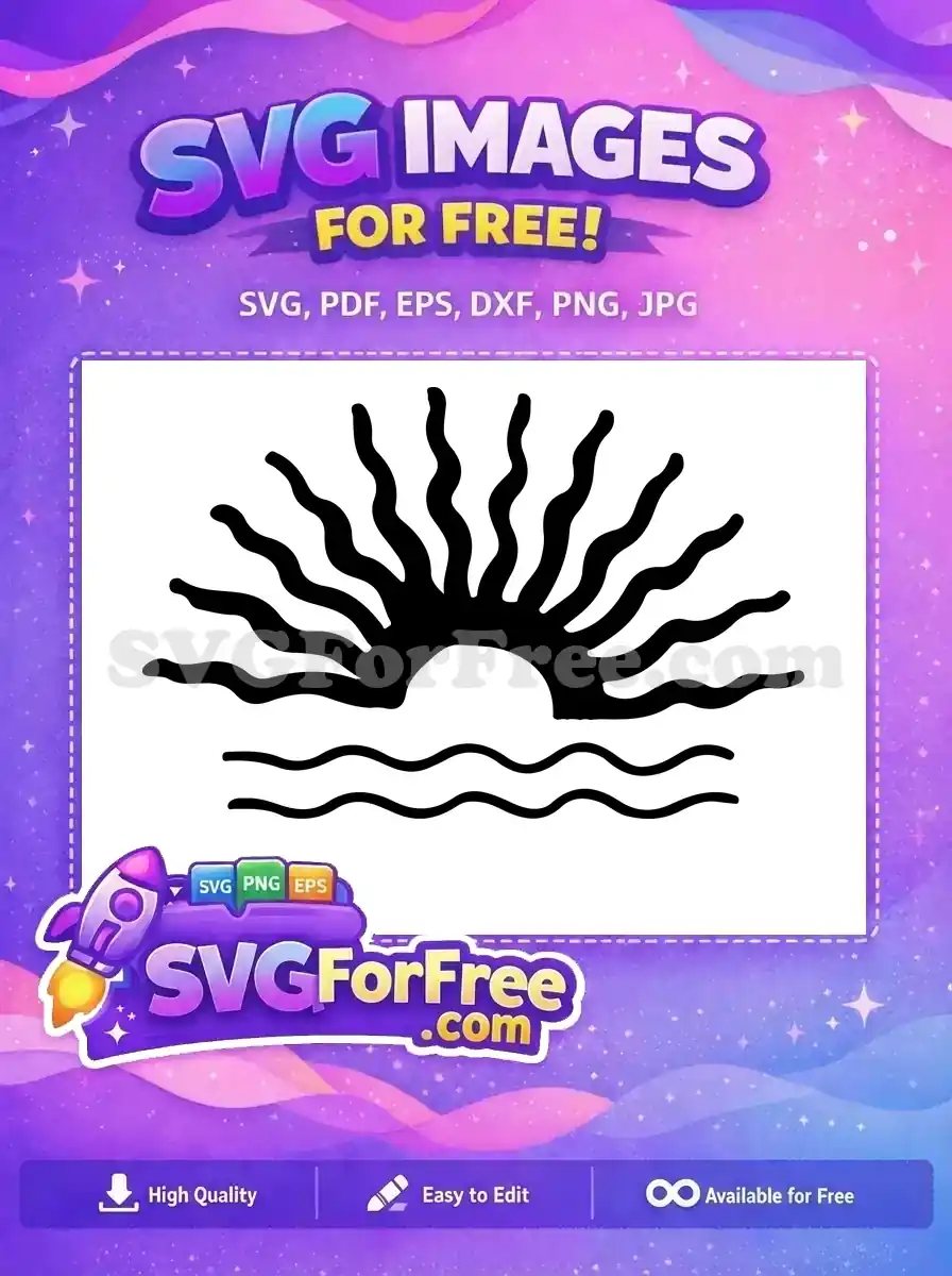 A free minimalist black SVG illustrating a rising sun with wavy rays over two wavy lines representing water. Perfect for nature-themed projects.