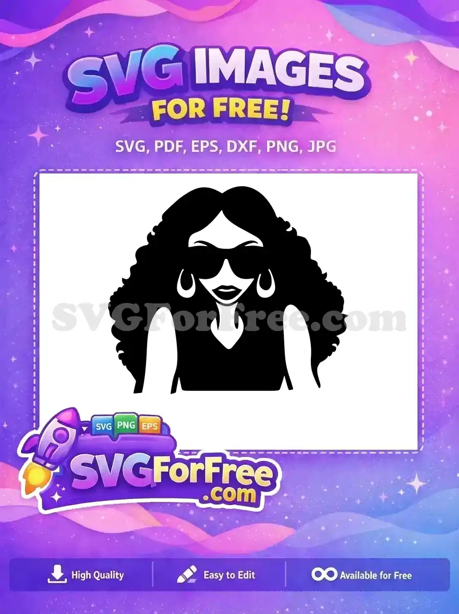 A captivating free design of a woman with voluminous curly hair, large sunglasses, and hoop earrings, exuding retro coolness. This free SVG is perfect for unique projects.