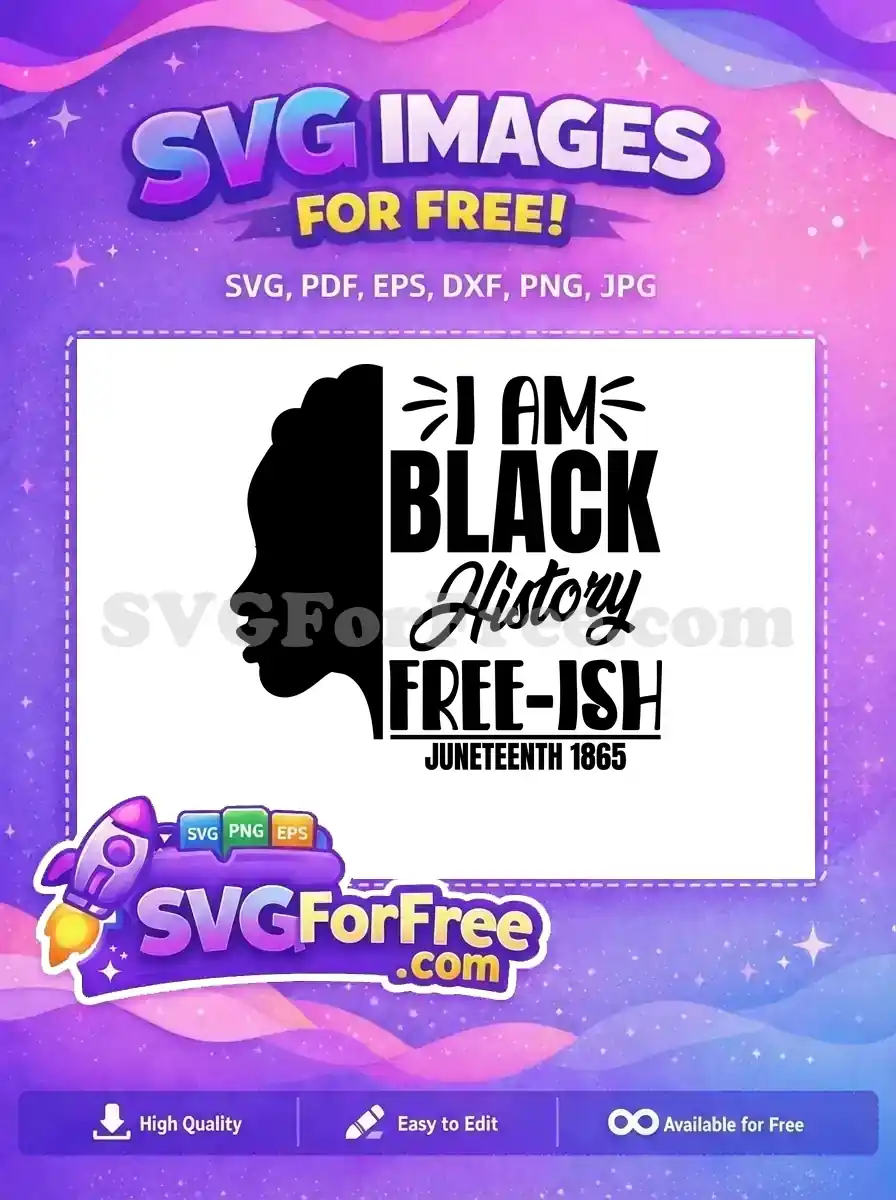 Free Black History Juneteenth 1865 SVG featuring a Black woman's silhouette and bold text. Download this free design.