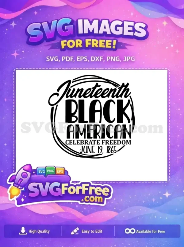 Free Juneteenth Freedom Design – Black American SVG This free Juneteenth SVG design beautifully commemorates Black American freedom, dated June 19, 1865. A powerful free graphic.