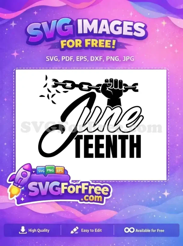 A powerful free Juneteenth design celebrating freedom, featuring a raised fist breaking a chain, symbolizing emancipation and liberation.