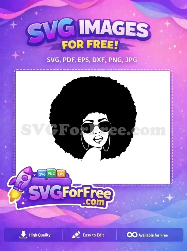 Free design: A bold black and white illustration of a woman with a magnificent afro, stylish sunglasses, and hoop earrings, exuding confidence. Grab this free SVG!