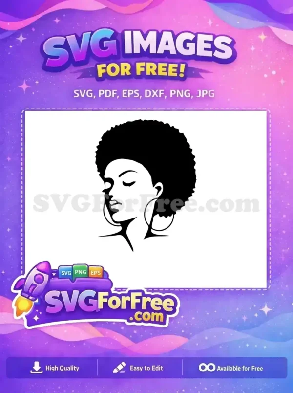 A stunning free design of a woman's profile with an elegant afro and hoop earrings, eyes serenely closed. This free vector art embodies grace and style.