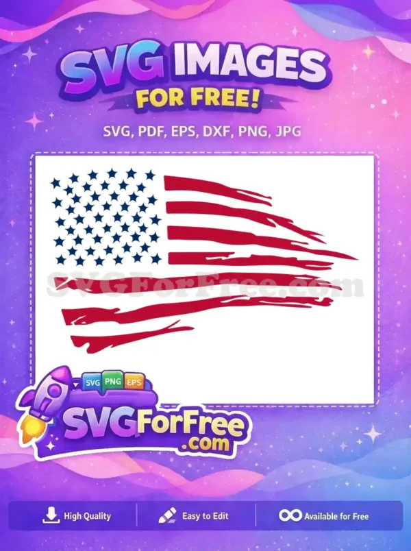 A free distressed American flag SVG image, showcasing torn red stripes and blue field with stars. Perfect for free patriotic designs.