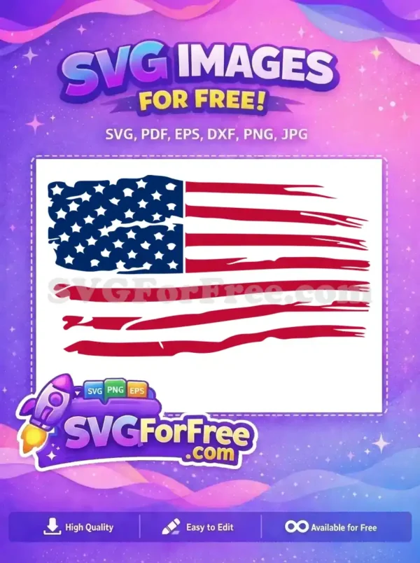 Free Distressed USA Flag SVG – Patriotic & Rugged Design A free distressed American flag SVG, showcasing rugged patriotism with torn edges. An ideal free vector for crafts and apparel.