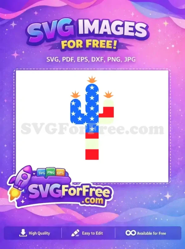 A vibrant, free design of a saguaro cactus adorned with the American flag pattern and orange crown-like tips. This free SVG is ideal for patriotic crafts.