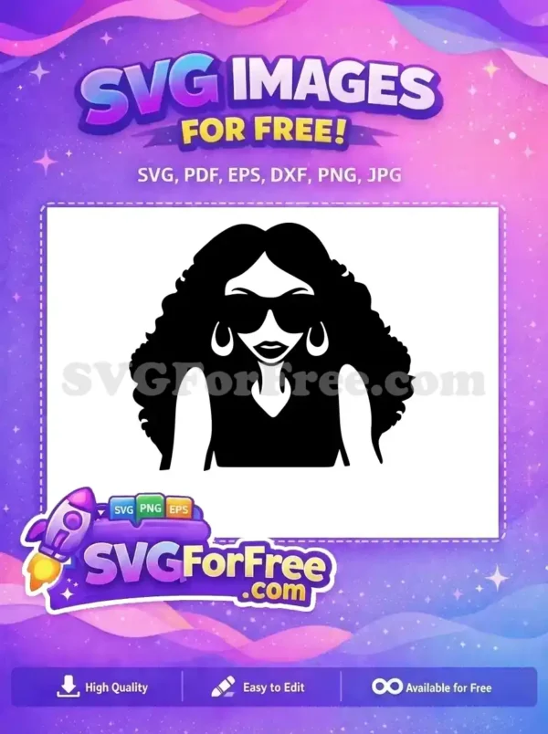 A free SVG of a stylish woman's silhouette featuring big curly hair, cool sunglasses, and large hoop earrings.