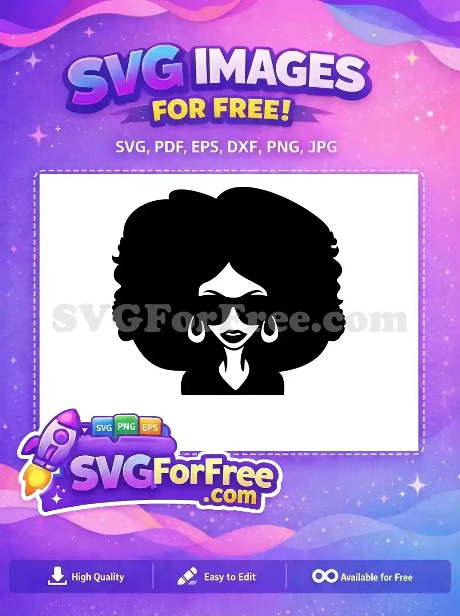 Free SVG of a stylish woman with a large afro, sunglasses, and hoop earrings. This free design embodies retro flair and confidence for any project.