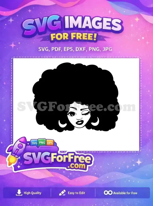 Free SVG: Confident Black woman with a voluminous afro, winking. Perfect for celebrating natural beauty and free expression.