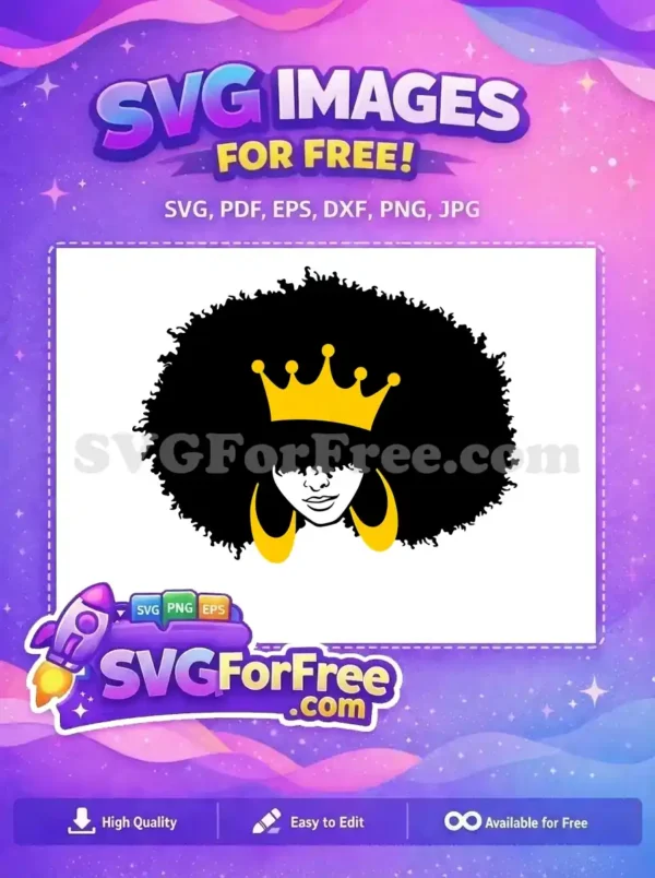 A free SVG of an elegant afro queen, featuring a vibrant gold crown and hoop earrings, celebrating natural hair. Download this free design.