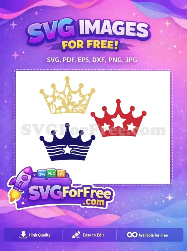 Three distinct free crown SVG designs, including gold floral, red star, and blue star patterns, available for instant download.