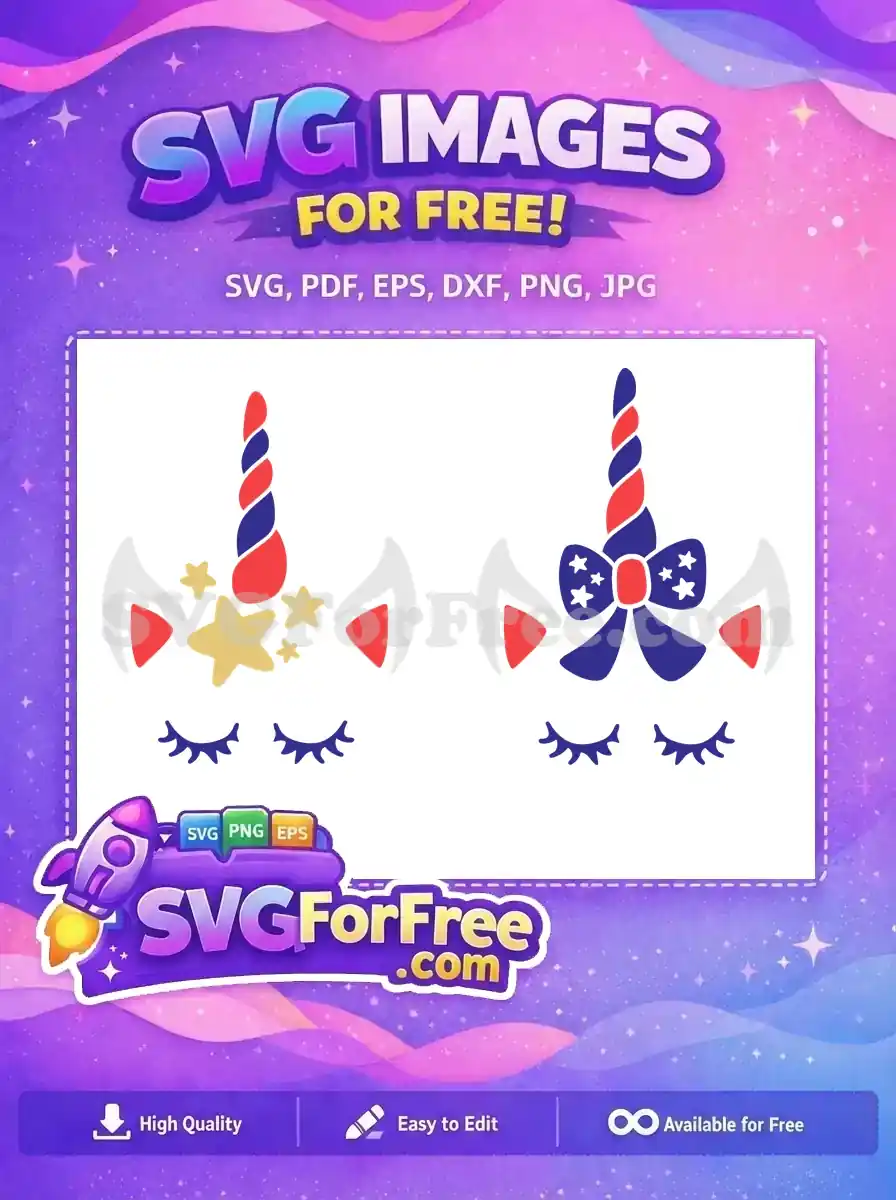 A free patriotic unicorn SVG design featuring a red and blue horn, ears, and golden stars. Ideal for crafting projects.