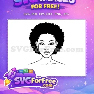 A striking free design of a woman's face with a voluminous afro hairstyle, rendered in bold black and white line art. This free SVG is perfect for diverse creative endeavors.