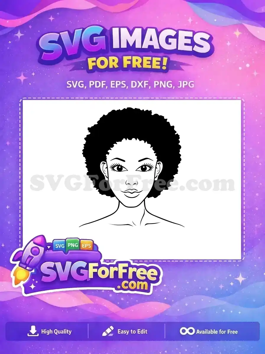 A striking free design of a woman's face with a voluminous afro hairstyle, rendered in bold black and white line art. This free SVG is perfect for diverse creative endeavors.