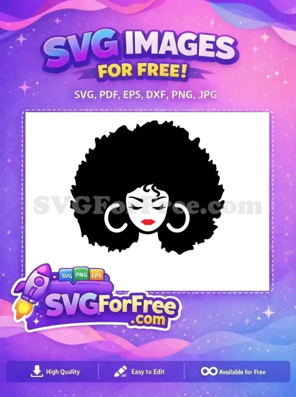 This free design showcases a proud woman with a voluminous afro, red lips, and chic hoop earrings for any project.
