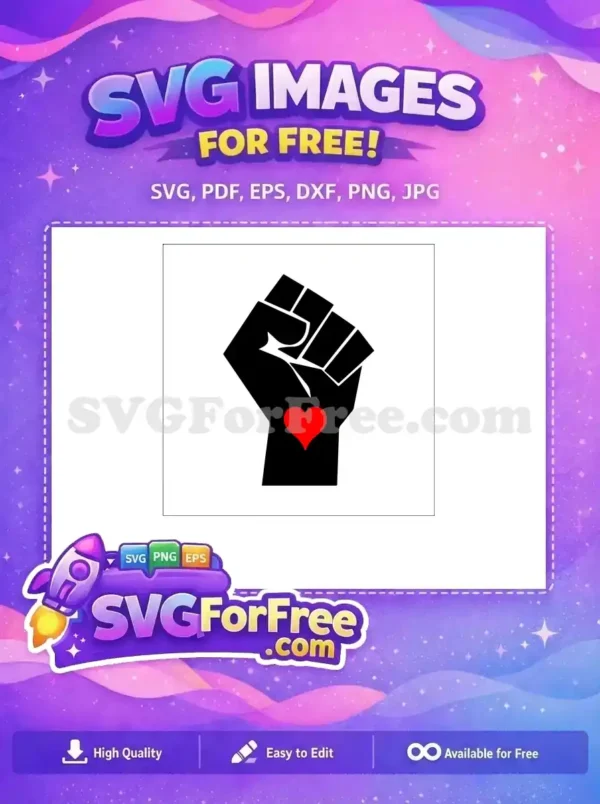 A powerful free design: black raised fist with a vibrant red heart on the wrist, symbolizing unity, love, and solidarity. Essential free SVG.