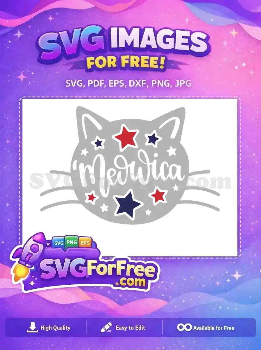 Adorable free Meowrica cat design, featuring a gray feline silhouette with patriotic red, white, and blue stars. Grab this free SVG!