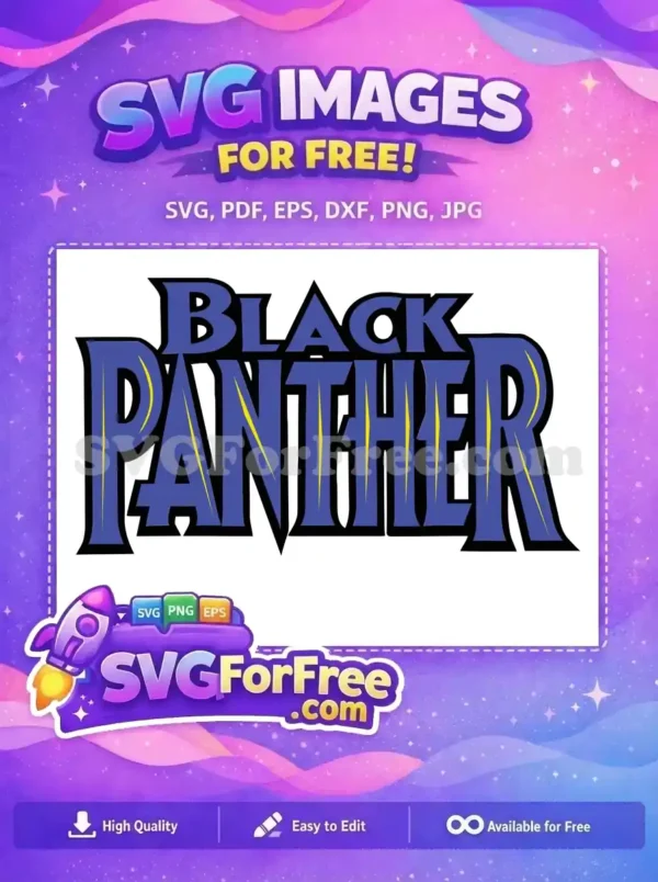 A dynamic free Black Panther logo featuring purple and yellow stylized text with a sharp black outline. This free design is iconic.
