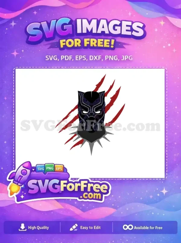 Free Dynamic Black Panther Mask SVG Design with Claw Marks Striking free Black Panther mask SVG with intricate tribal patterns, sharp claw marks, and a spiked collar.