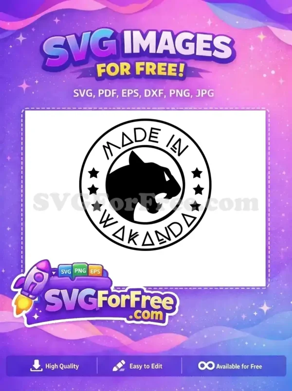 Free Wakanda Panther Stamp – Iconic & Bold Design A free black and white circular stamp featuring a roaring panther head and 'MADE IN WAKANDA' text, surrounded by stars. An iconic free design for fans.