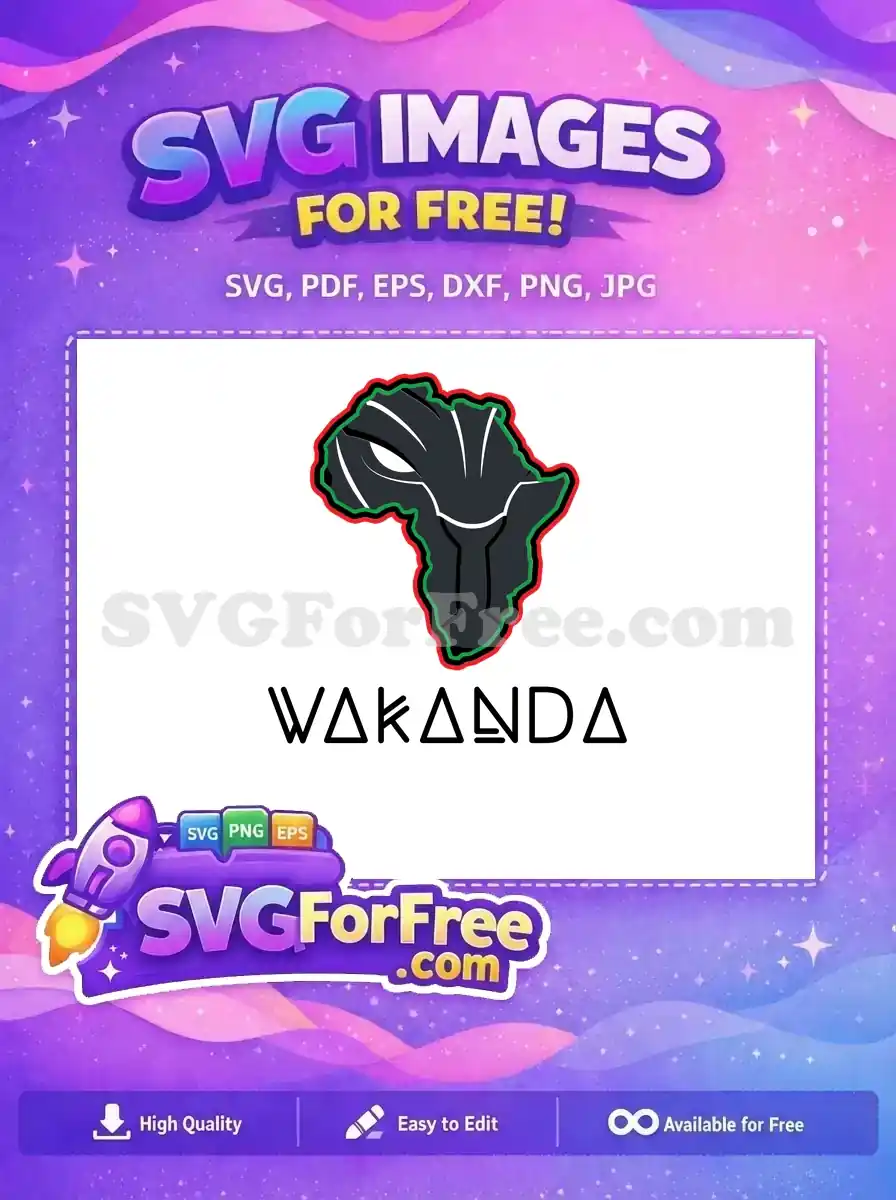 A free design featuring a Black Panther mask within the African continent outline, with a red and green border. Includes 'WAKANDA' text.
