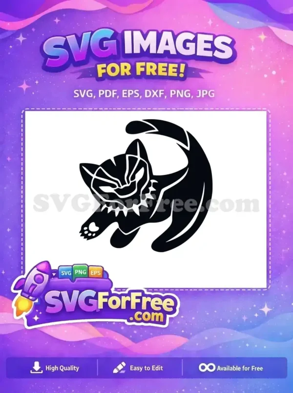 Free Black Panther Cat SVG Design – Heroic & Playful Art Free striking Black Panther-inspired cat vector, a dynamic design in black silhouette with iconic mask elements, ready for crafting.