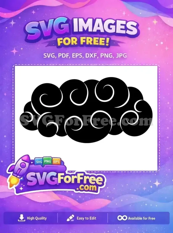 Free Ornate Swirl Cloud SVG – Elegant Traditional Design A free, elegant black cloud silhouette with intricate white swirling patterns, offering a traditional, artistic design for various projects.