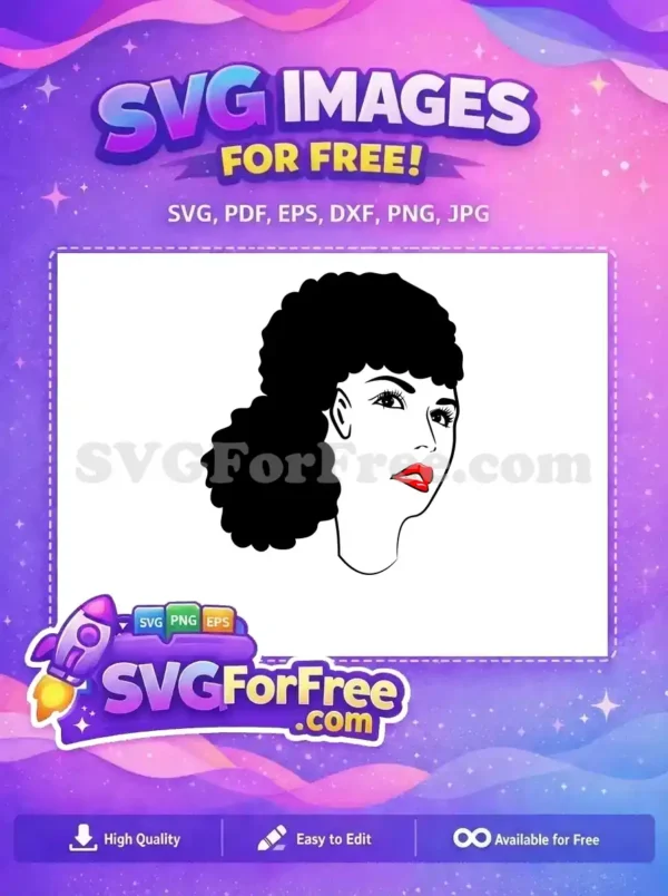 A stunning free design of a woman's face with black curly hair, elegant eyes, and vibrant red lips, showcasing timeless beauty.