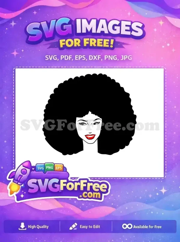 A free SVG design featuring a striking black and white portrait of a woman with a large afro and red lips, exuding confidence.