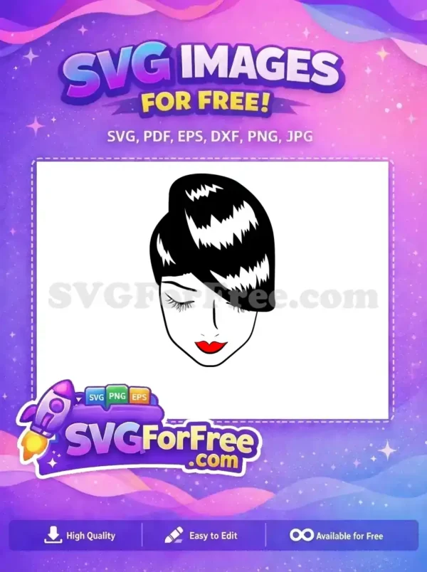 A serene free design of a woman's face with closed eyes, black hair, and striking red lips. This free SVG is ideal for stylish projects.