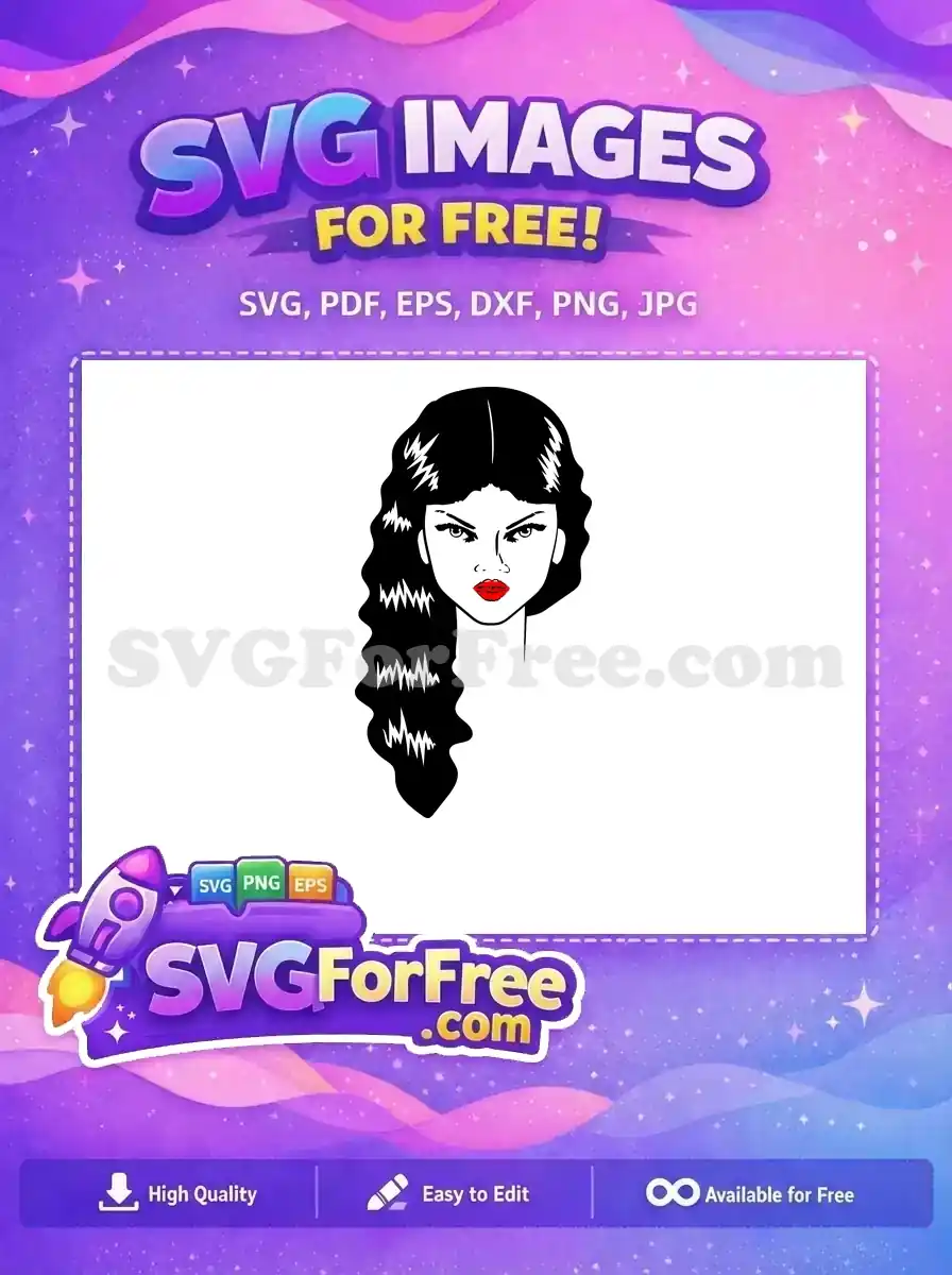 Free vector art of a woman's face with long black wavy hair, intense eyes, and bold red lips. A striking free design.