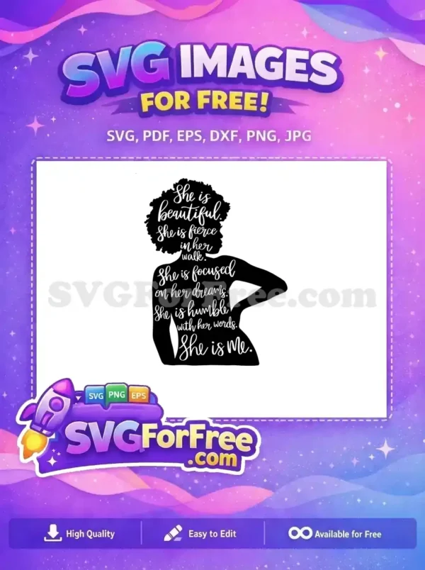 Free Empowering Afro Woman SVG Design – Self-Love Art This free SVG features a powerful woman's silhouette with an inspiring quote about beauty, strength, and dreams.