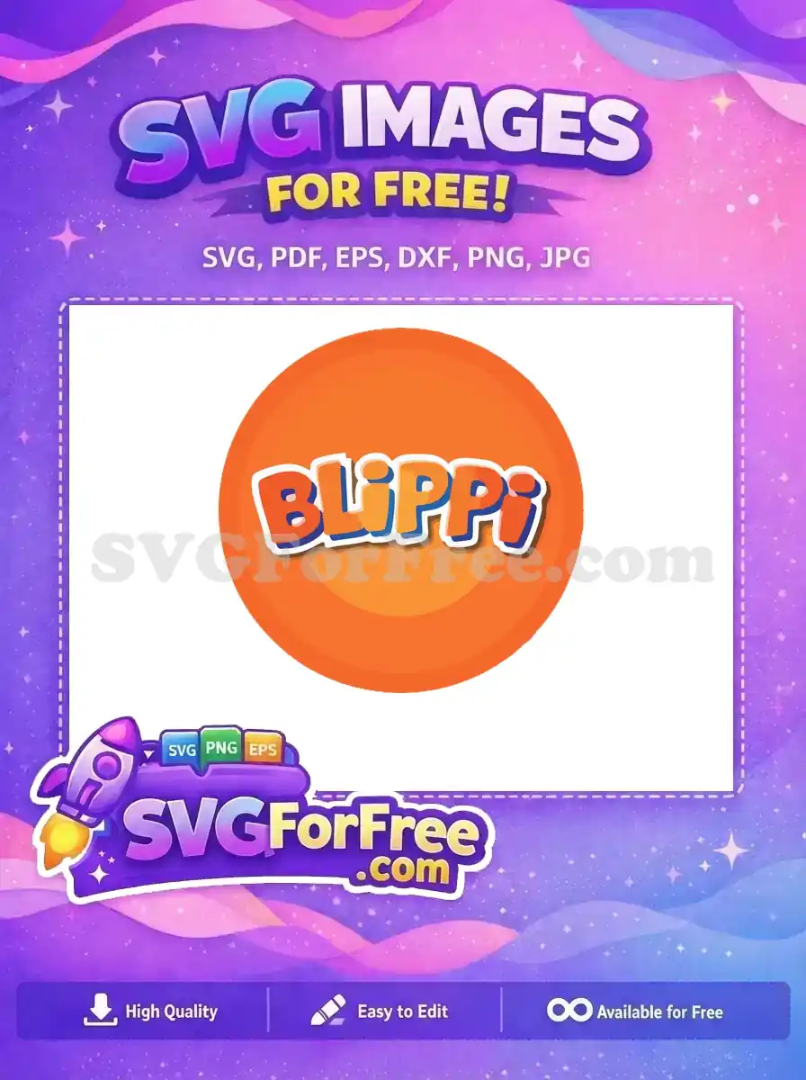 A free Blippi logo in a bright orange circle, featuring a playful, layered design. Ideal for free kids' craft projects.